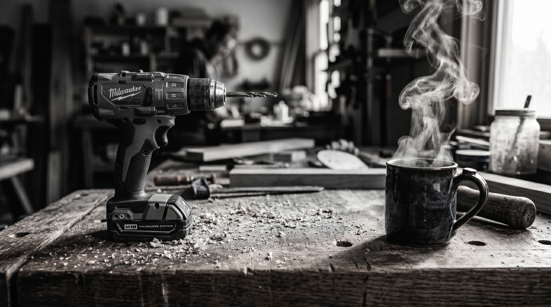 Workshop workbench with power drill and steaming mug